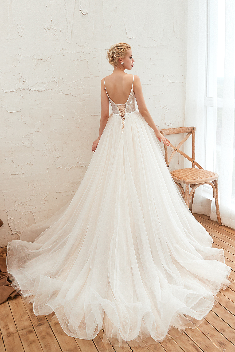 A-line Plunging Neckline Sleeveless Cathedral Train Tulle Wedding Gown With Flower(s) 2