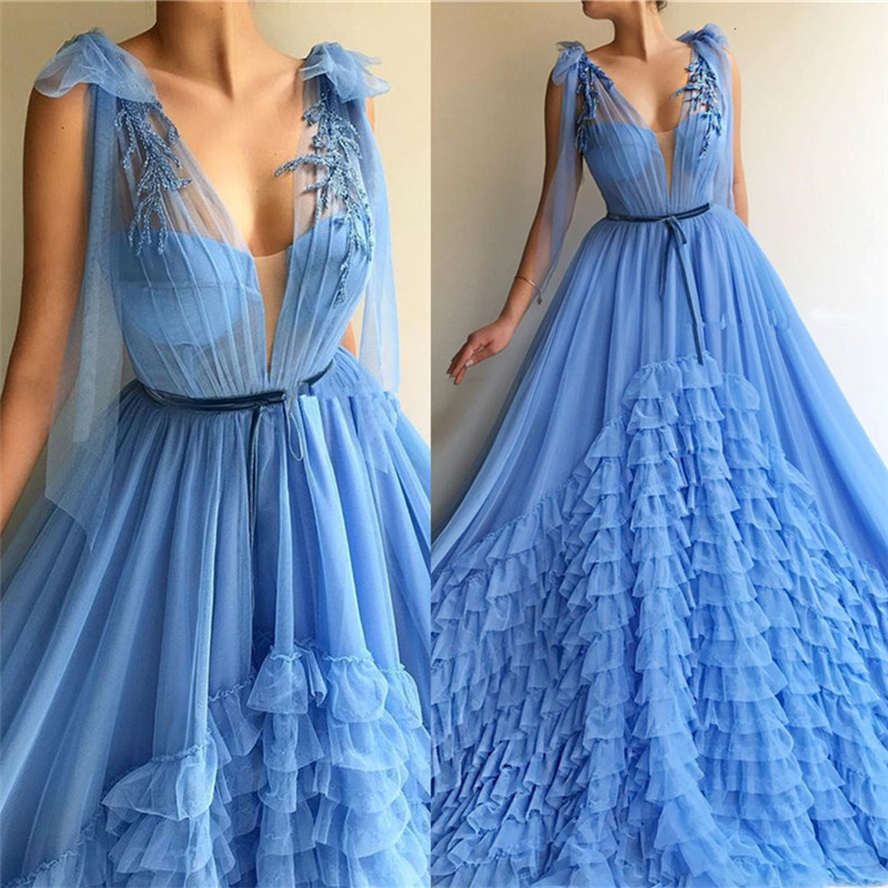A-line Plunging Neckline Sleeveless Floor-length Tulle Evening Dress With Bow 3