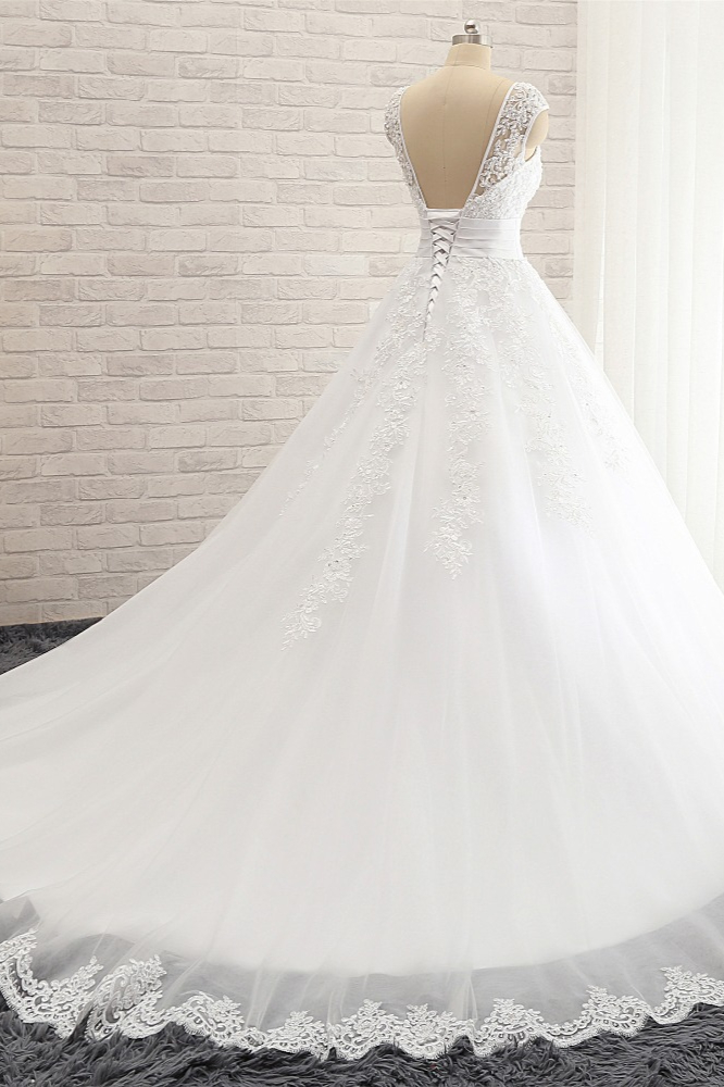 A-line Straps V-neck Court Train Tulle Wedding Gown With Appliques 2