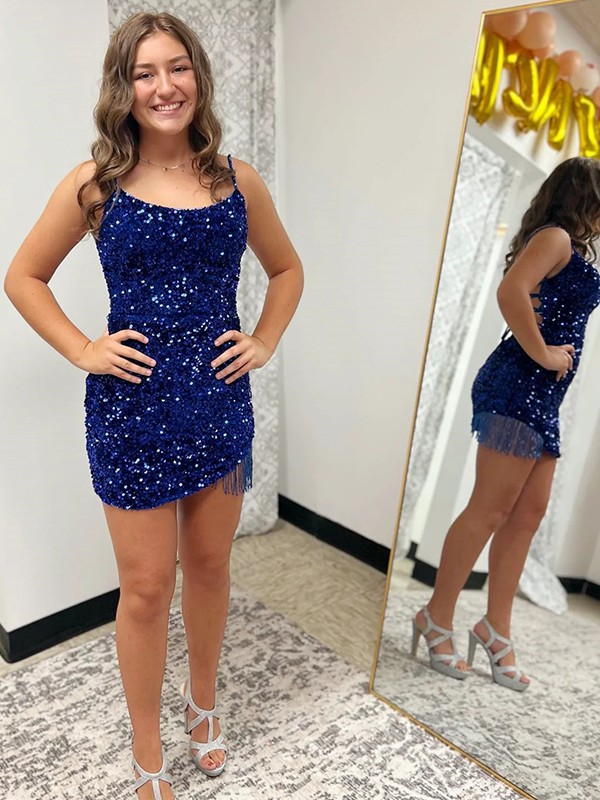 Column Spaghetti Straps Sleeveless Mini Cocktail Party Dress With Tassels 3