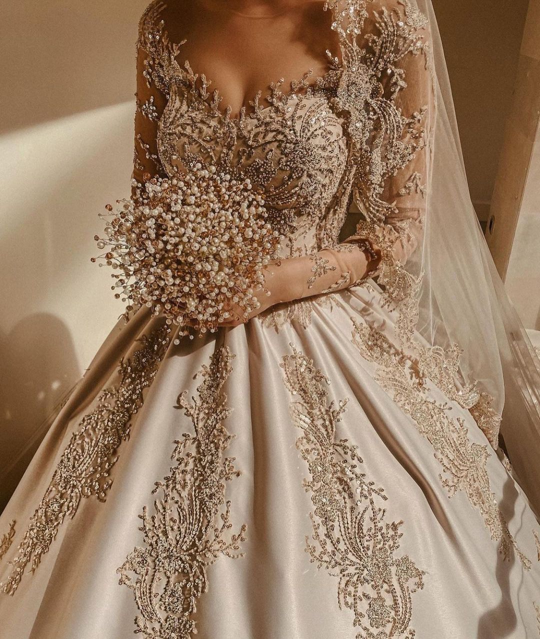 Jewel Neck Long Sleeves Chapel Train Satin Bridal Dress With Lace 4