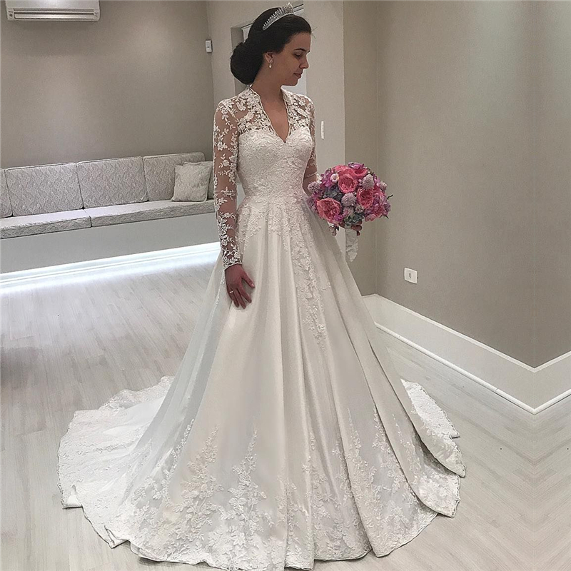 A-line V-neck Court Train Satin Wedding Gown With Lace 2