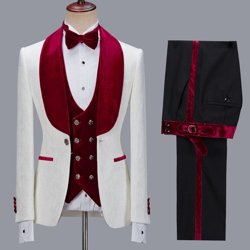 White Jacquard Three Pieces Men's Suit with Velvet Lapel for Wedding 3