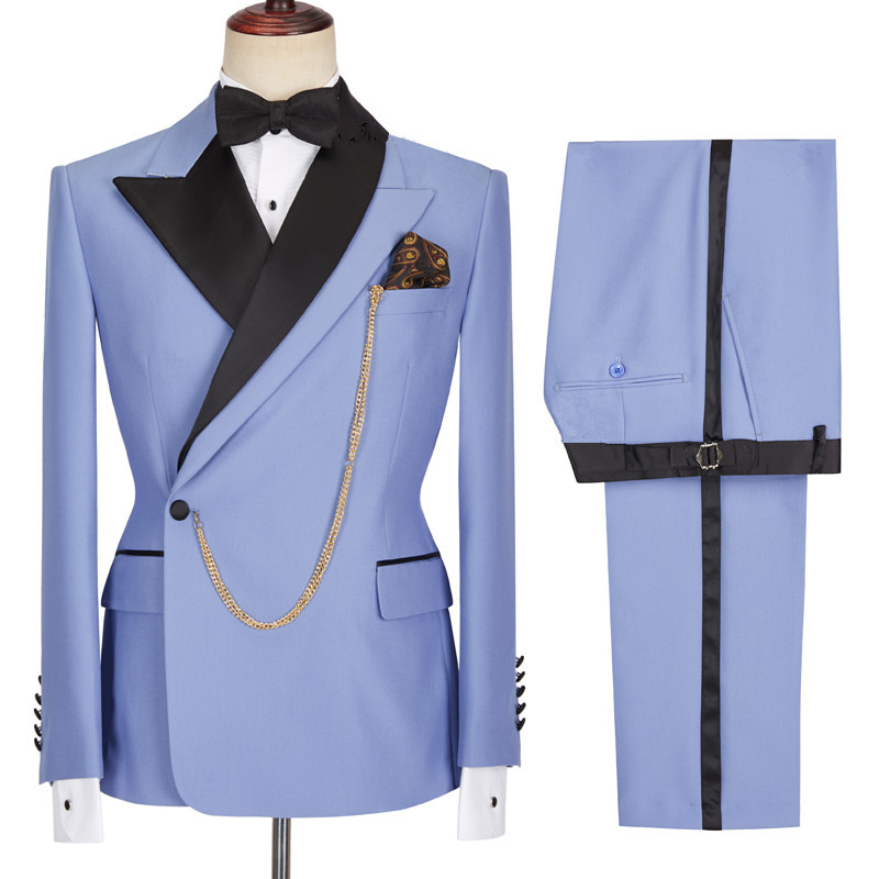 Blue Single Breasted Men's Suit with Peaked Lapel for Prom 4