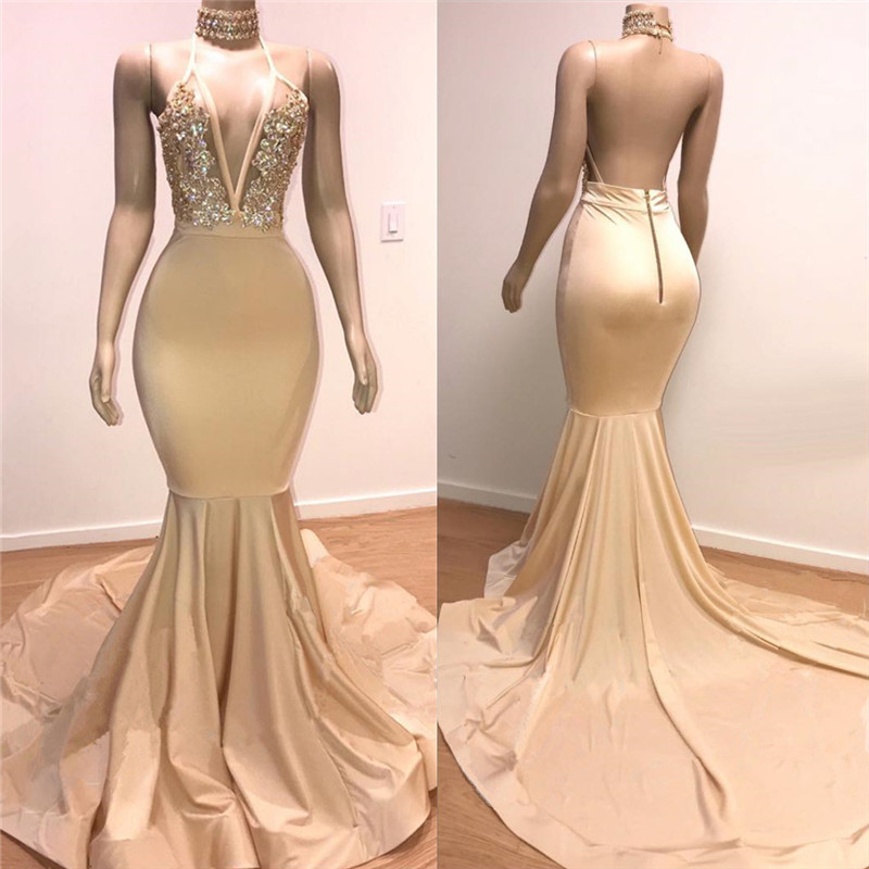 Mermaid V-neck Sleeveless Court Train Stretch Satin Evening Dress With Appliques 2