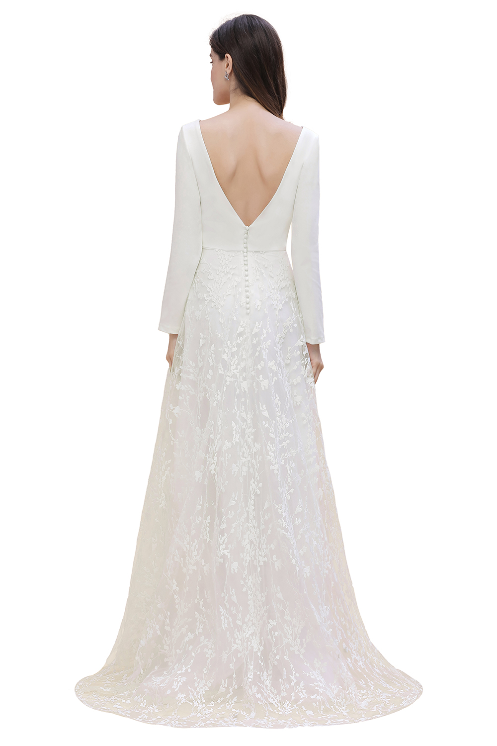 A-line V-neck Long Sleeves Sweep / Brush Train Twisted Pair Wedding Gown With Appliques 2
