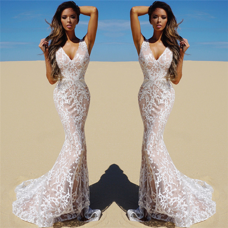 Mermaid V-neck Sleeveless Sweep / Brush Train Evening Dress With Lace 2