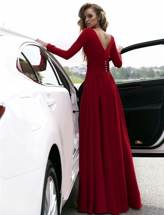 A-line V-neck Long Sleeves Floor-length Party Dress 2