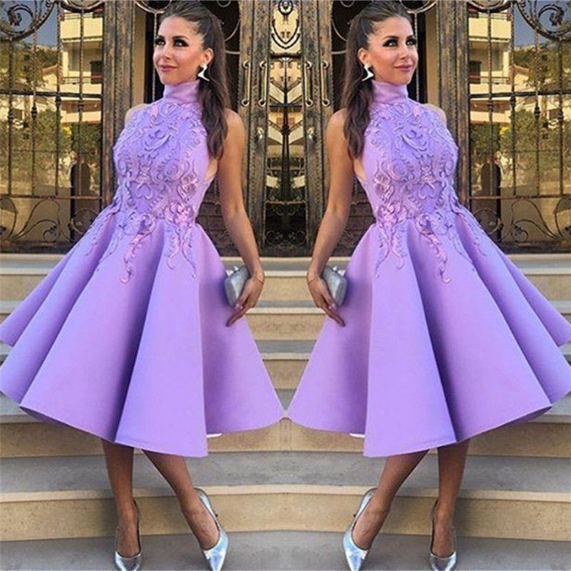A-line High Neck Sleeveless Knee-length Party Dress With Appliques 2