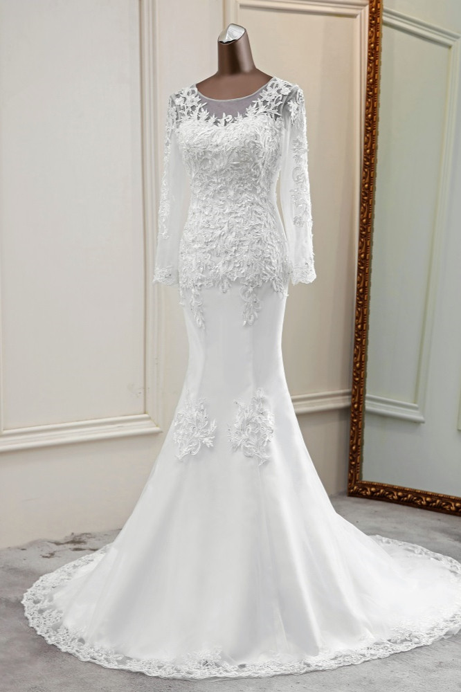Mermaid Jewel Neck Long Sleeves Floor-length Tulle Wedding Dress With Appliques 3
