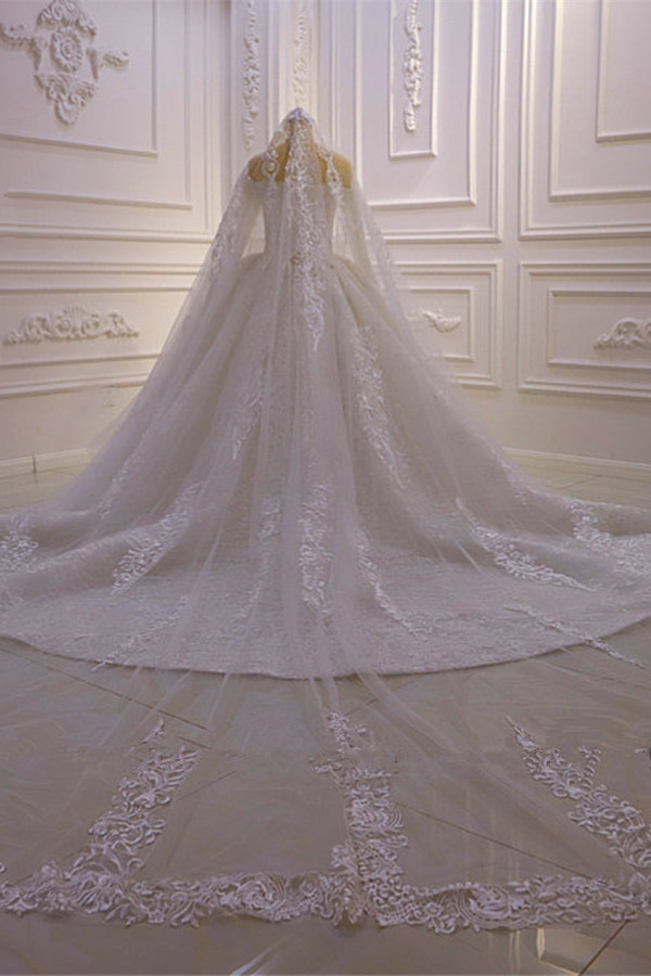 Ball Gown Strapless Long Sleeves Floor-length Tulle Bridal Dress With Lace 5