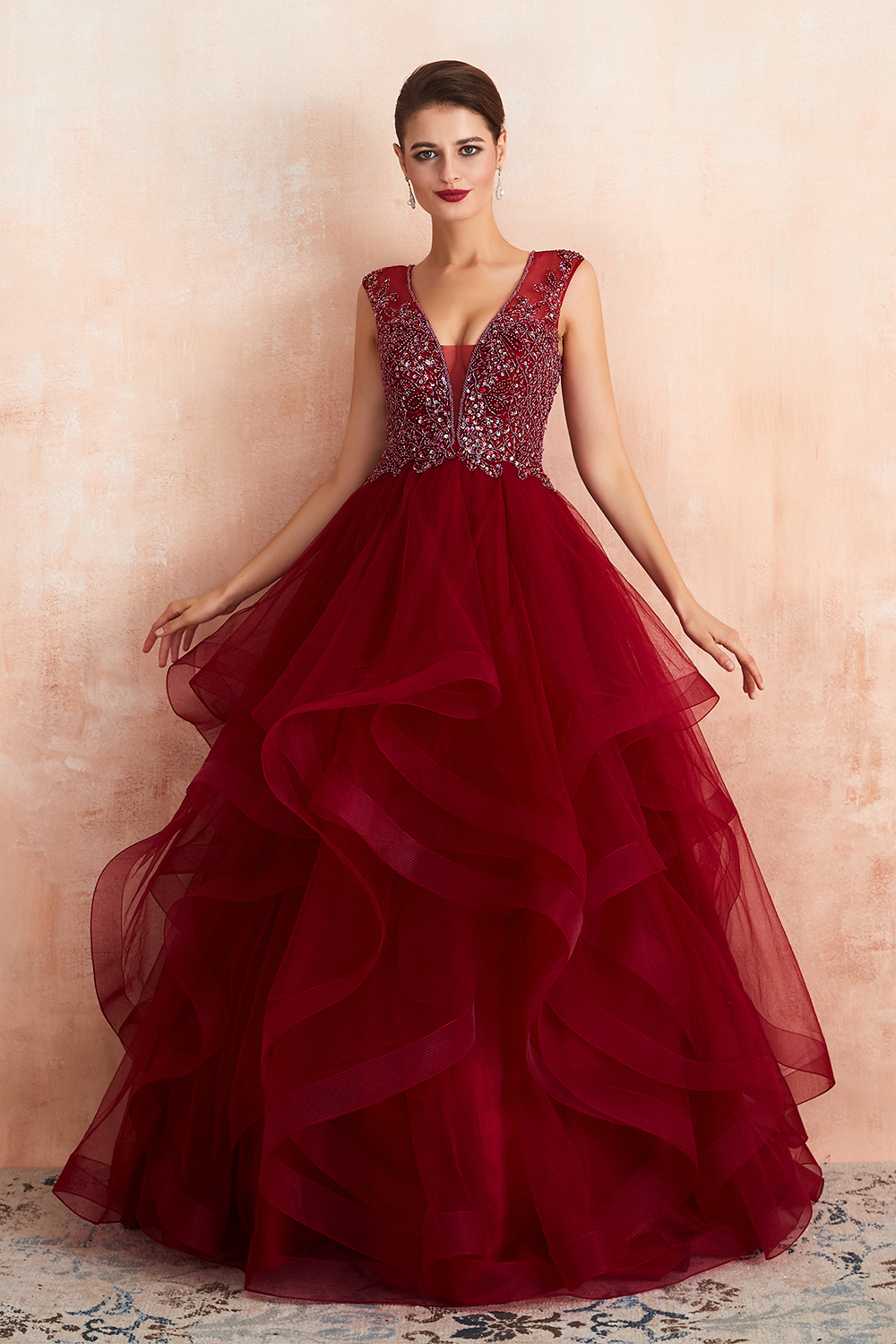 Ball Gown V-neck Sleeveless Sweep / Brush Train Tulle Evening Dress With Sequins 6