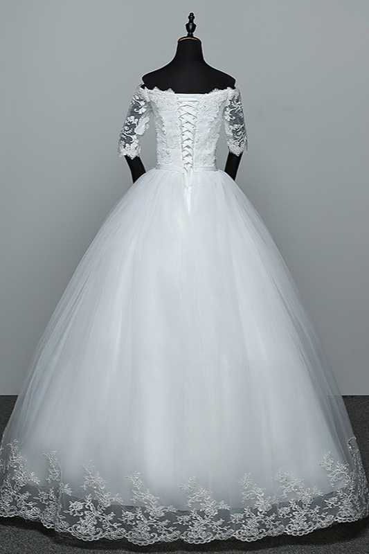 A-line Half-Sleeves Floor-length Tulle Bridal Gown With Lace 2
