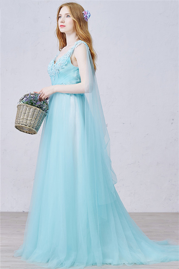 A-line V-neck Sleeveless Sweep / Brush Train Tulle Evening Dress With Flower(s) 2