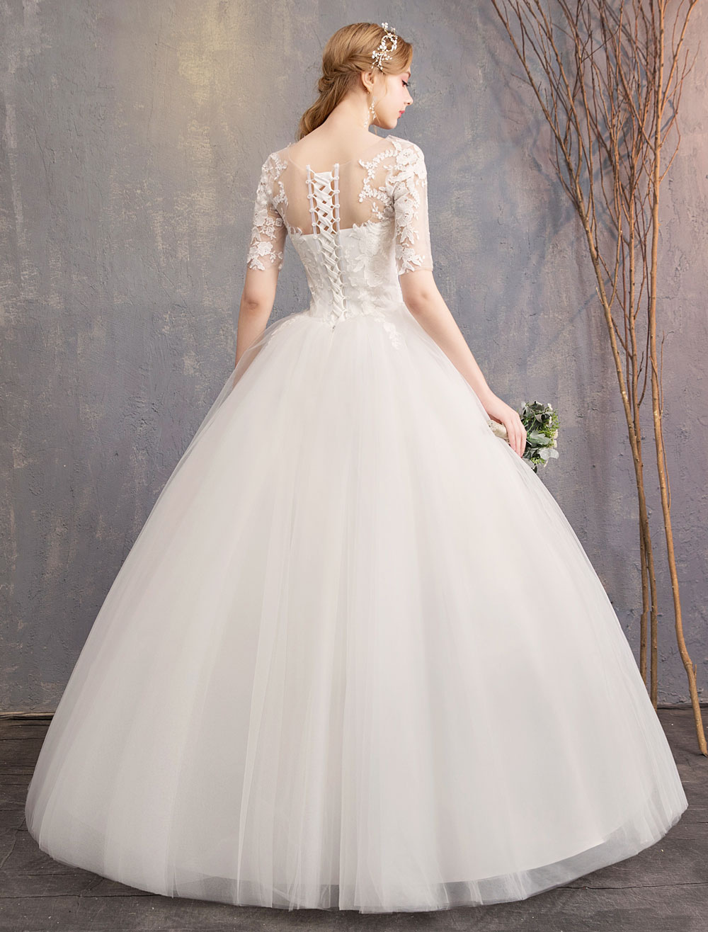 Half-Sleeves Floor-length Lace Wedding Dress With Lace 6