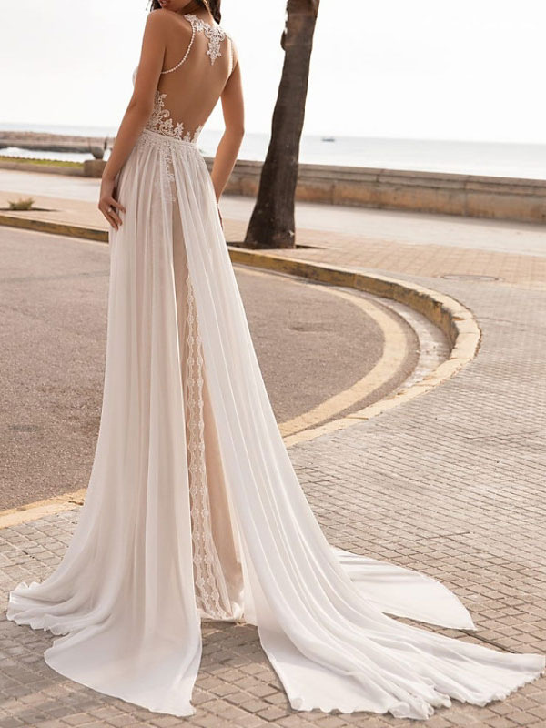 A-line Sleeveless Court Train 100D Chiffon Bridal Gown With Appliques 2