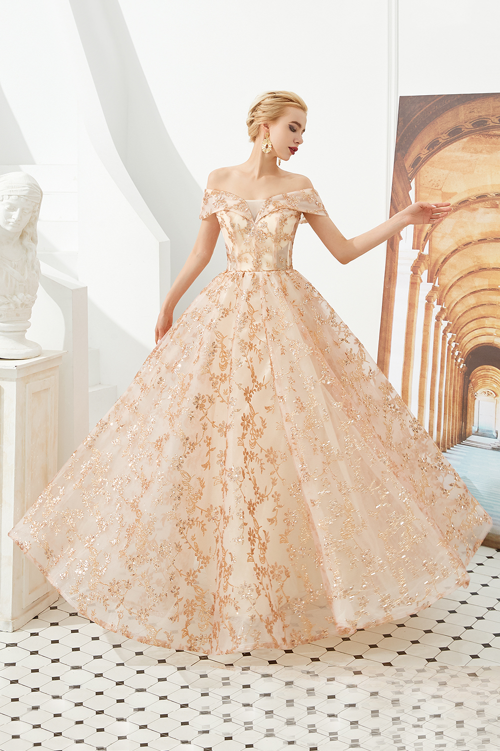 Ball Gown Off-the-shoulder Cap Sleeves Sweep / Brush Train Tulle Formal Dress With Sequins 5