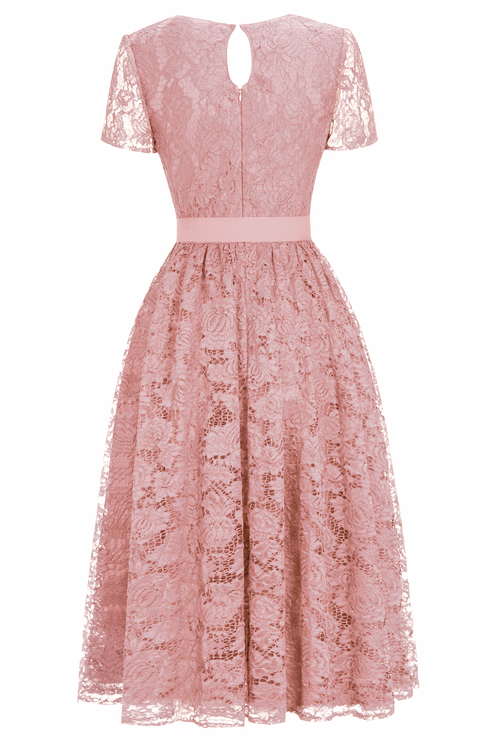 A-line V-neck Short Sleeves Tea-length Lace Bridesmaid Dress With Ribbons 4