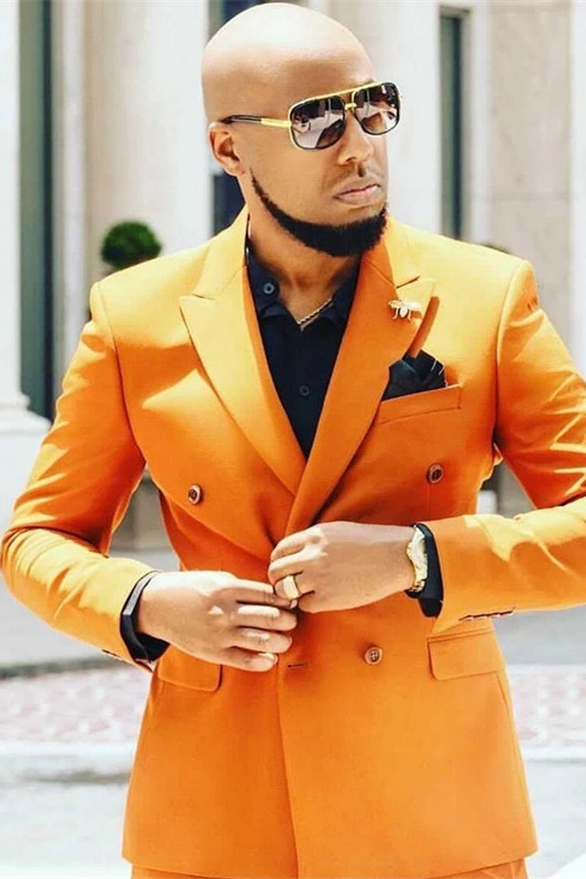 Orange Double Breasted Men's Suit with Peaked Lapel for Prom 1