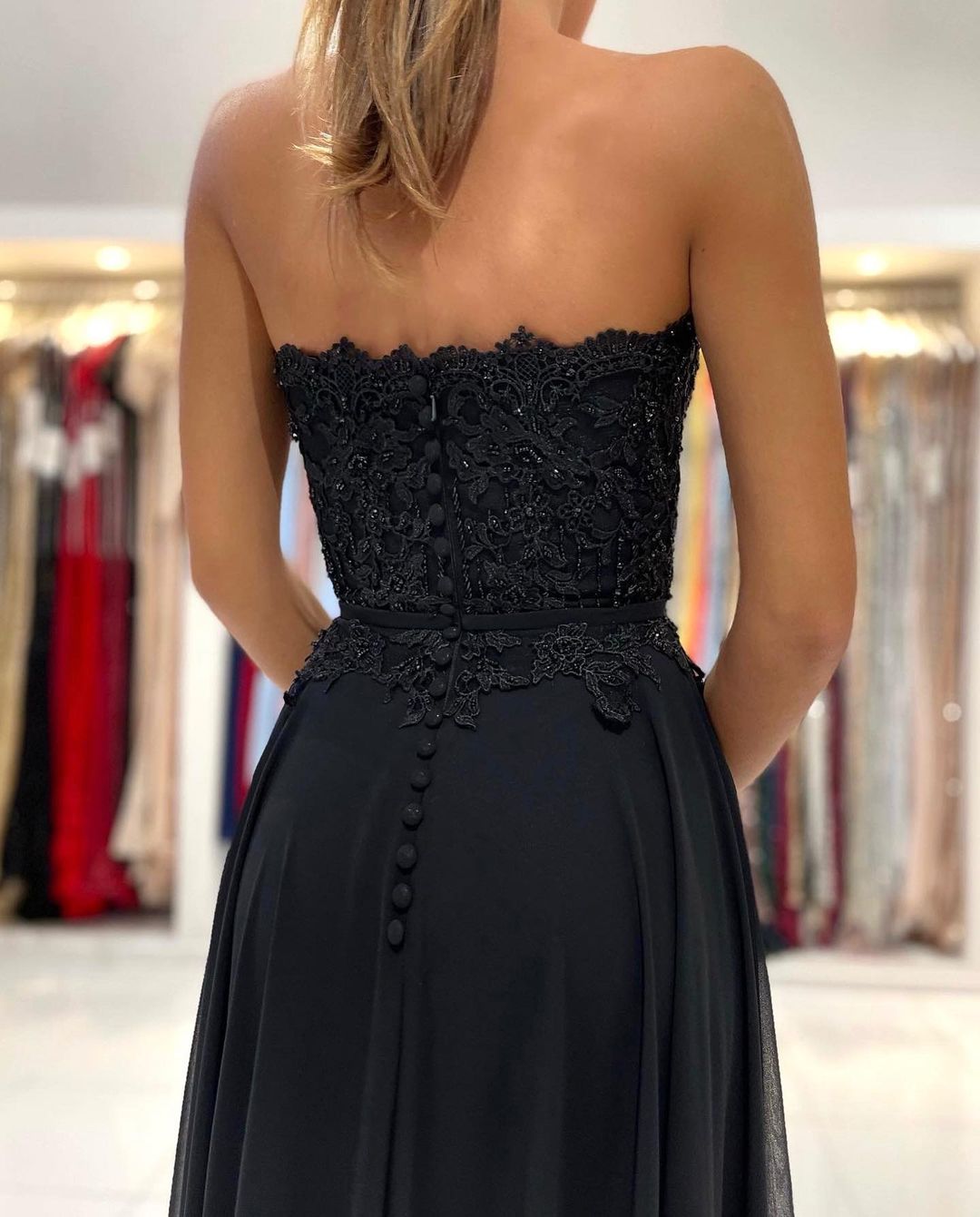 A-line Strapless Sleeveless Floor-length 100D Chiffon Formal Wear With Lace 5