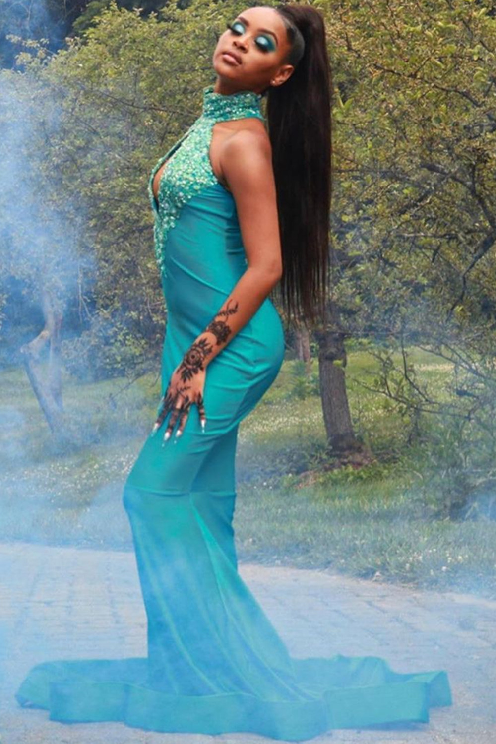 Mermaid Halter-neck Sleeveless Sweep / Brush Train Stretch Satin Formal Wear With Hollowout 2