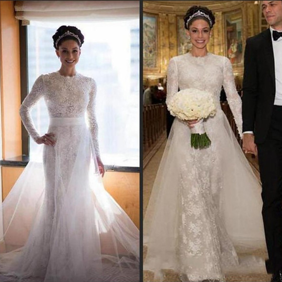 Column High Neck Sweep / Brush Train Bridal Gown With Beading 3