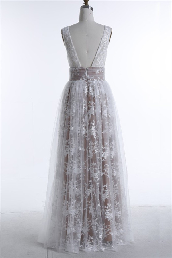 A-line Plunging Neckline Sleeveless Floor-length Tulle Evening Dress With Lace 2