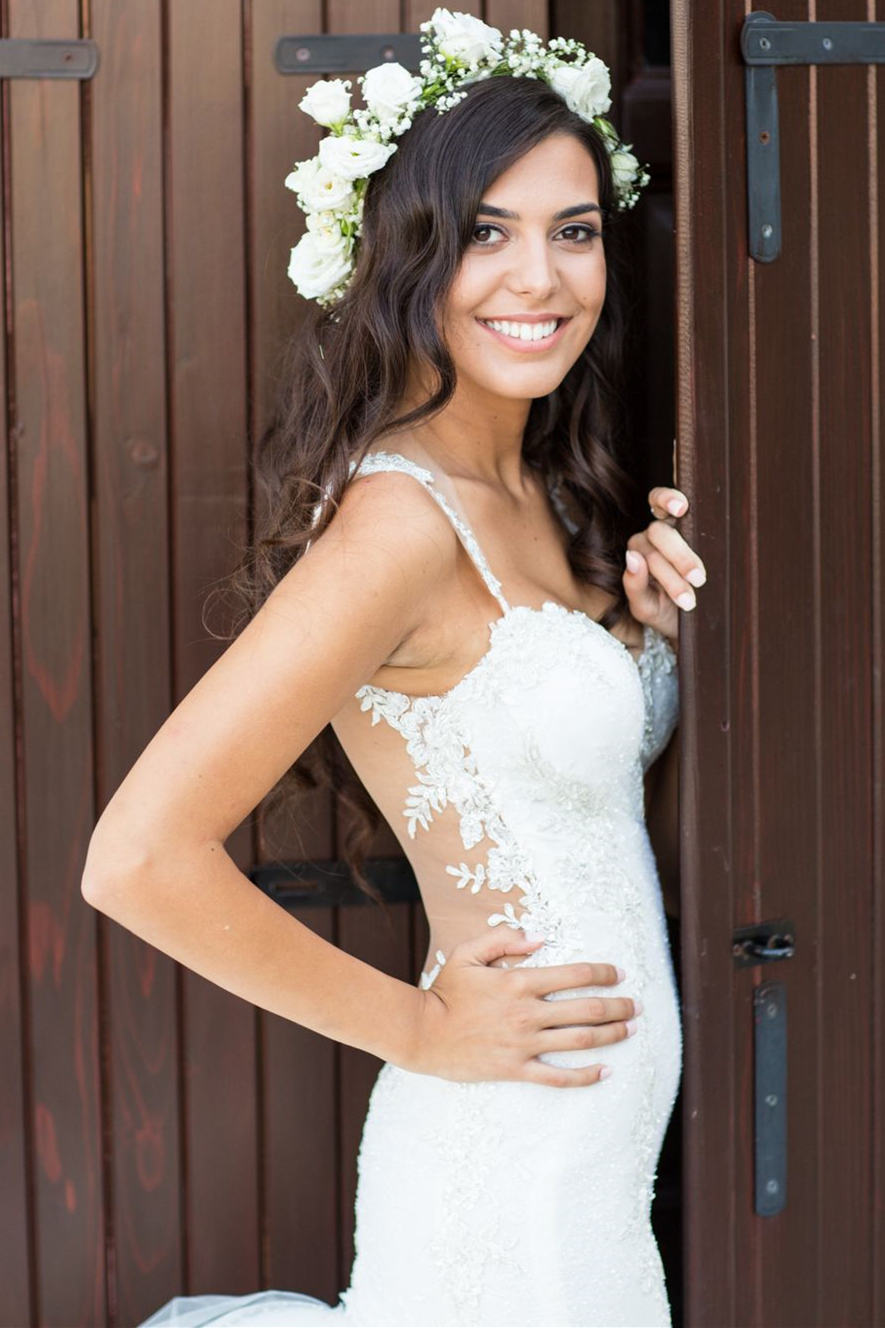 Mermaid Spaghetti Straps Sleeveless Sweep / Brush Train Tulle Bridal Gown With Lace 3