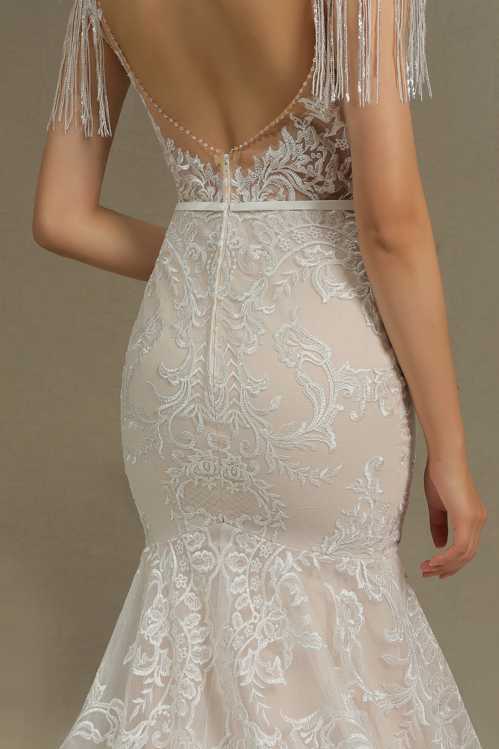 Mermaid Jewel Neck Sleeveless Cathedral Train Lace Wedding Gown With Crystal 8