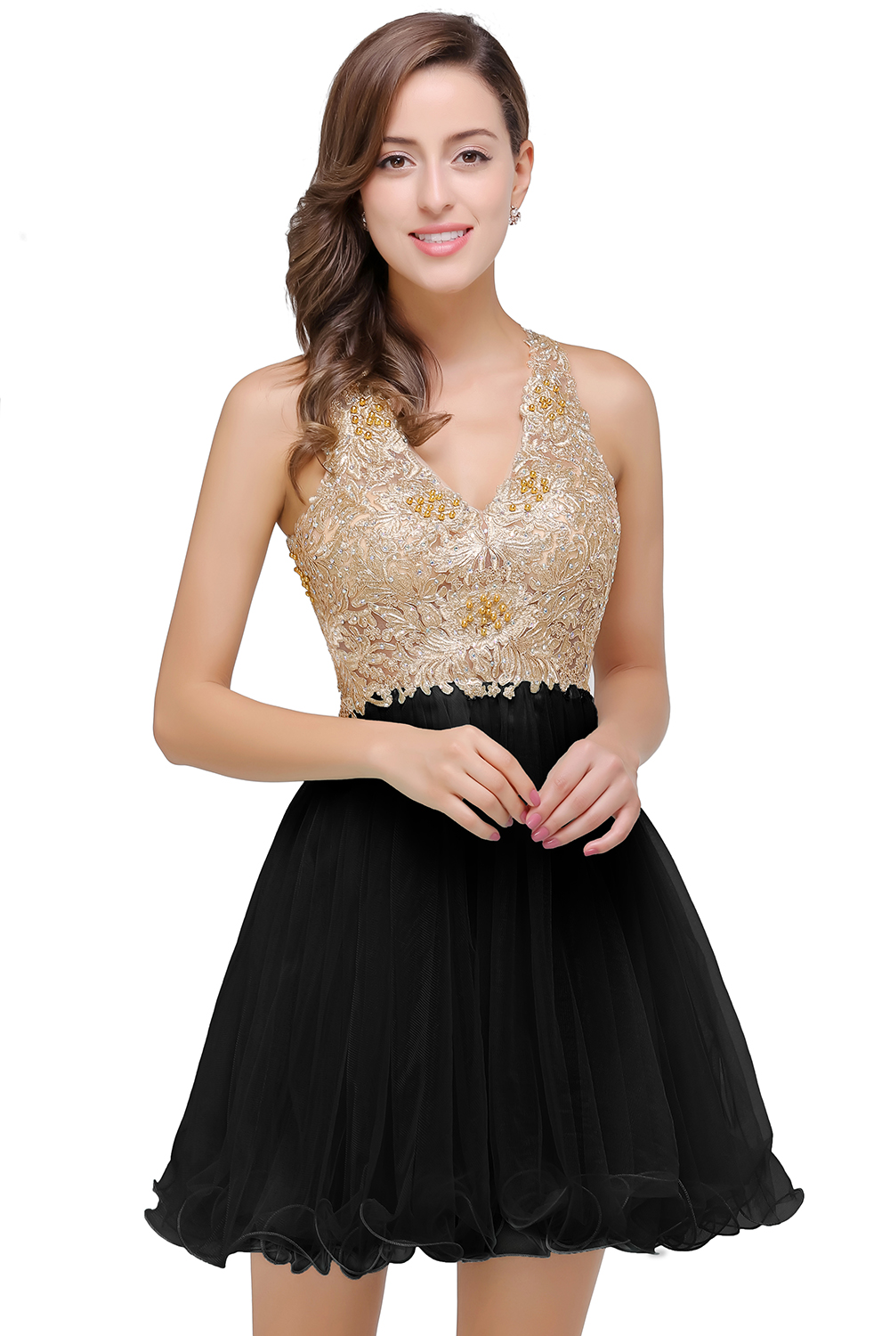 A-line Halter-neck Sleeveless Mini Organza Prom Dress With Appliques 3