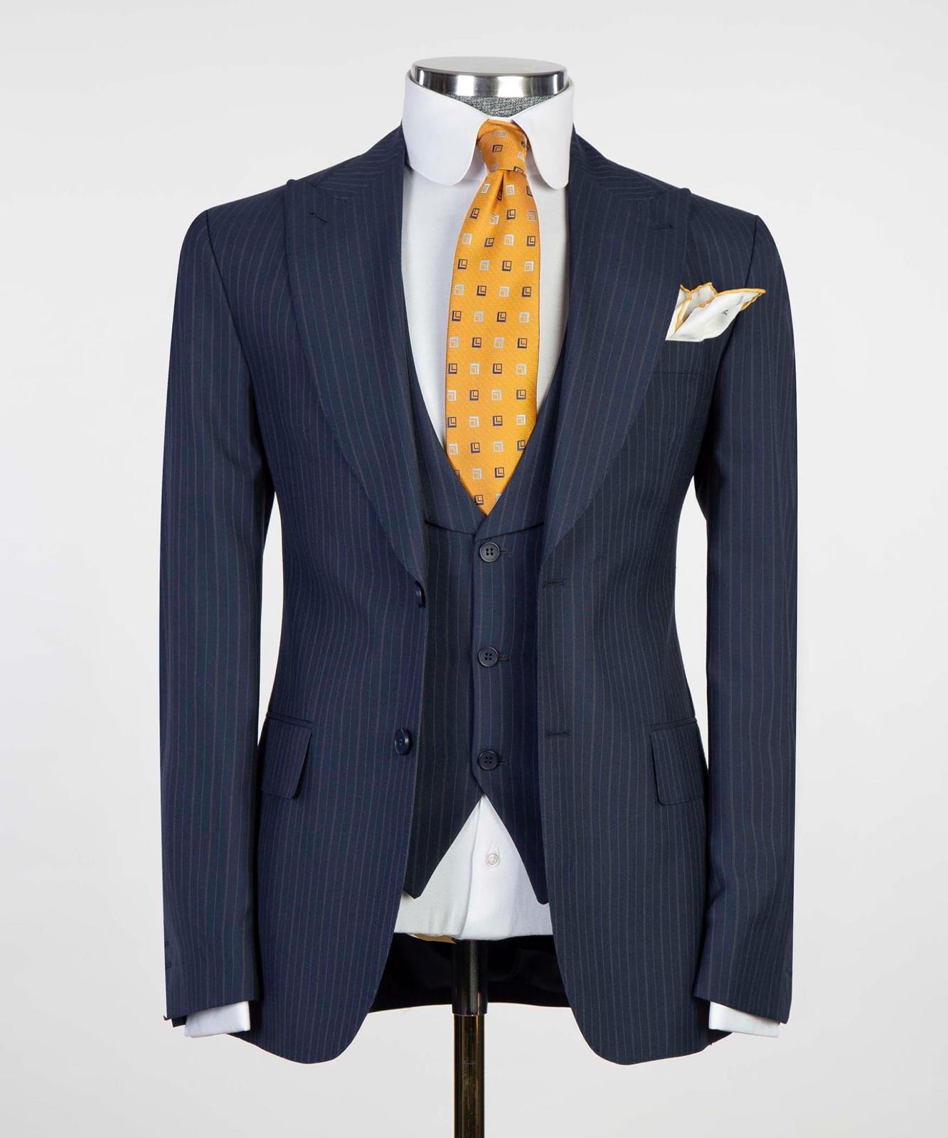 Navy Stripe Three Pieces Business Suit with Peaked Lapel 4