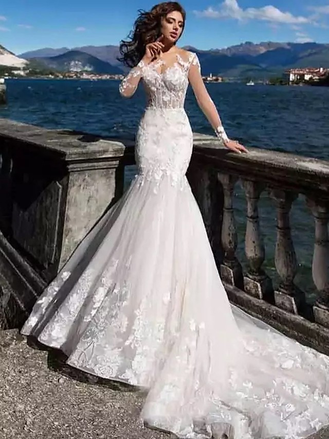 Mermaid Bateau Neck Long Sleeves Court Train Lace Wedding Gown With Beading 2