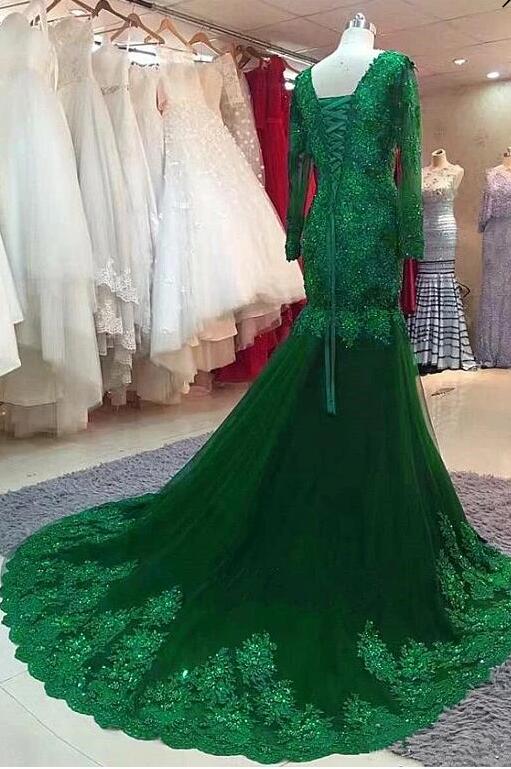 Mermaid V-neck Long Sleeves Floor-length Tulle Formal Dress With Lace 2