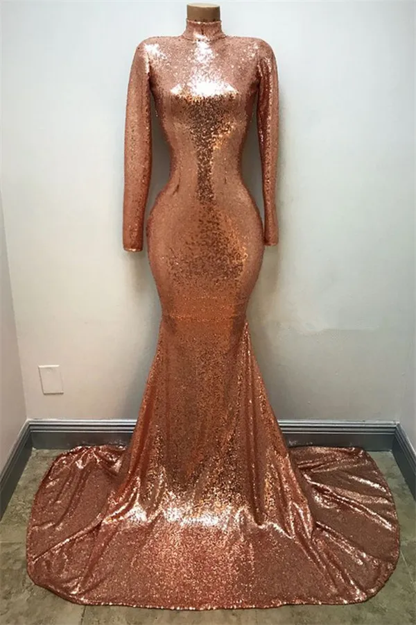 Mermaid High Neck Long Sleeves Court Train Formal Dress With Sequins 1