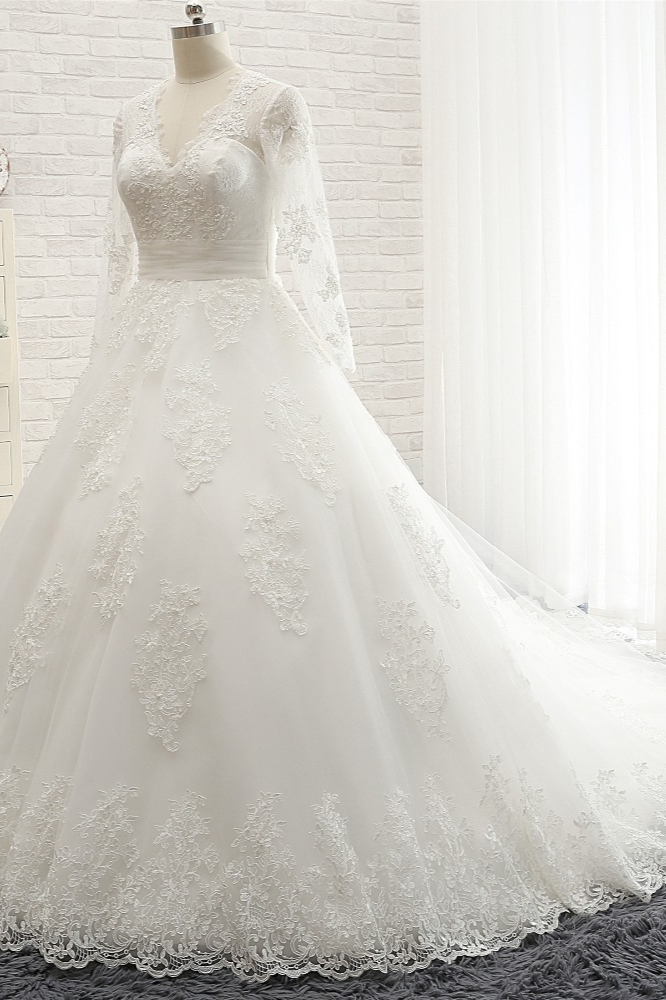 A-line V-neck Long Sleeves Court Train Tulle Bridal Gown With Appliques 3