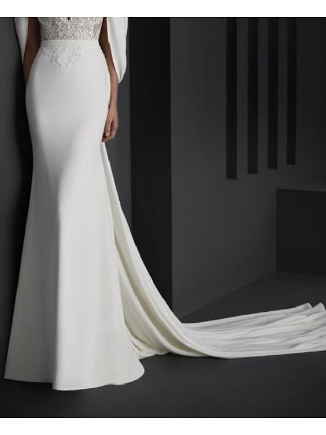 Mermaid V-neck Sleeveless Sweep / Brush Train Tulle Wedding Gown With Lace 2