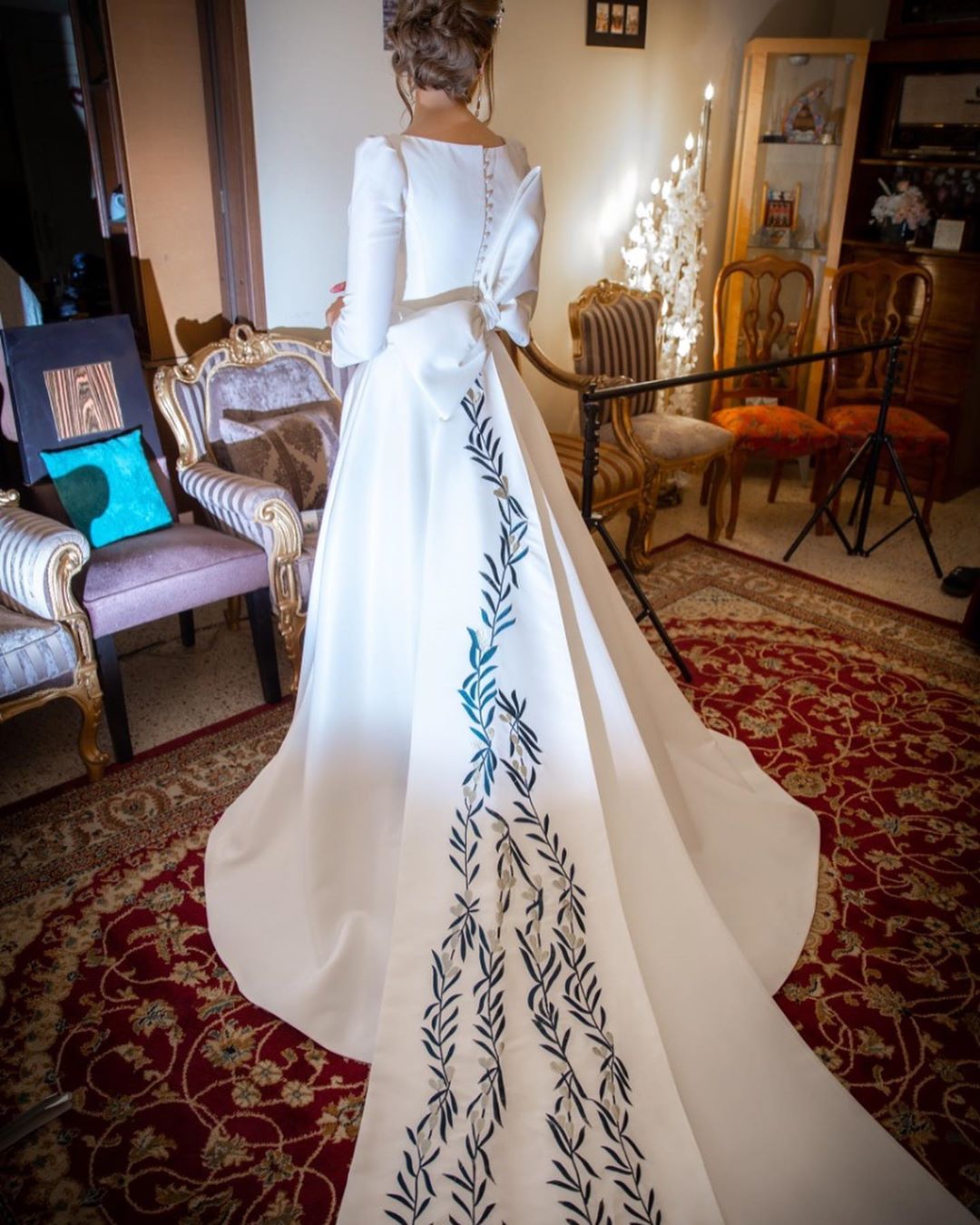 A-line Bateau Neck Long Sleeves Cathedral Train Satin Wedding Gown With Ruffles 4
