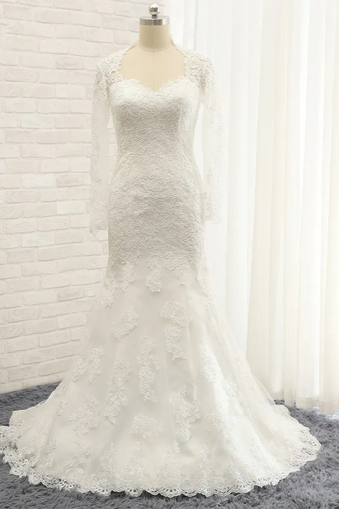 Mermaid Long Sleeves Floor-length Stretch Satin Bridal Dress With Appliques 1