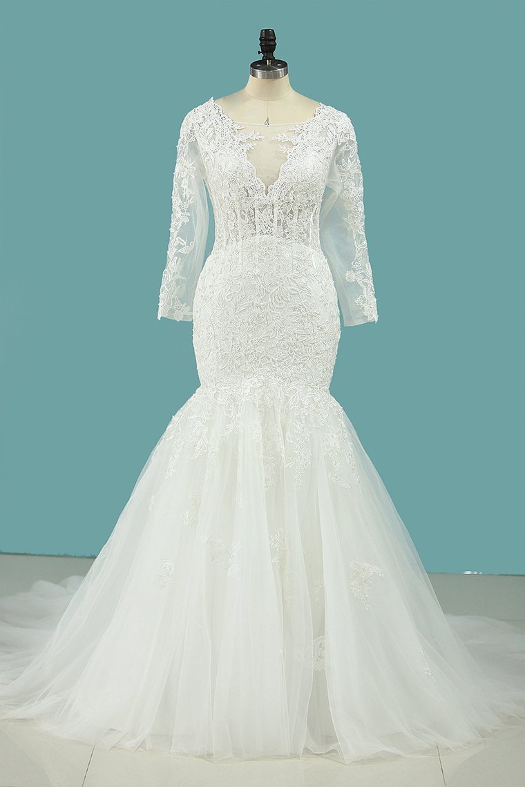 Mermaid Square Neck Long Sleeves Floor-length Tulle Wedding Dress With Appliques 1