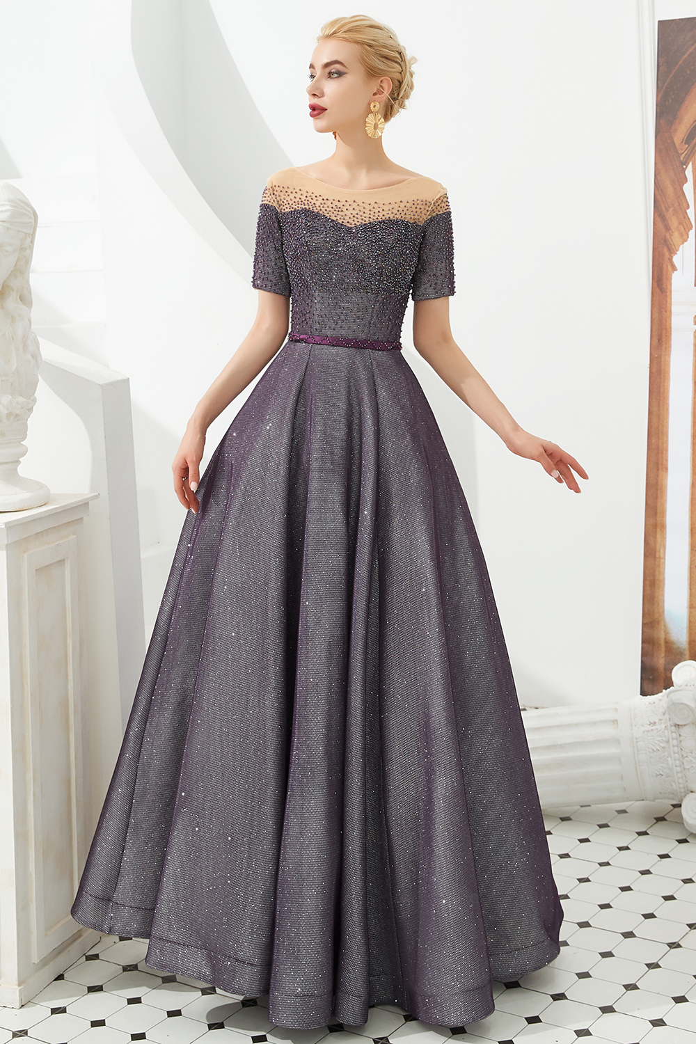 A-line Jewel Neck Short Sleeves Sweep / Brush Train Bright silk Evening Gown With Rhinestone 2