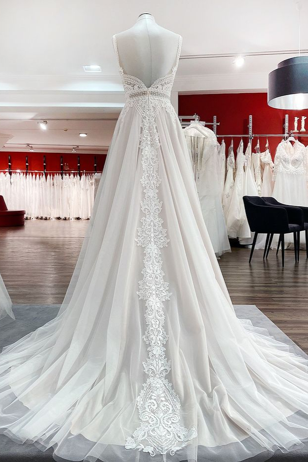 A-line V-neck Sleeveless Sweep / Brush Train Tulle Wedding Gown With Ruffles 2