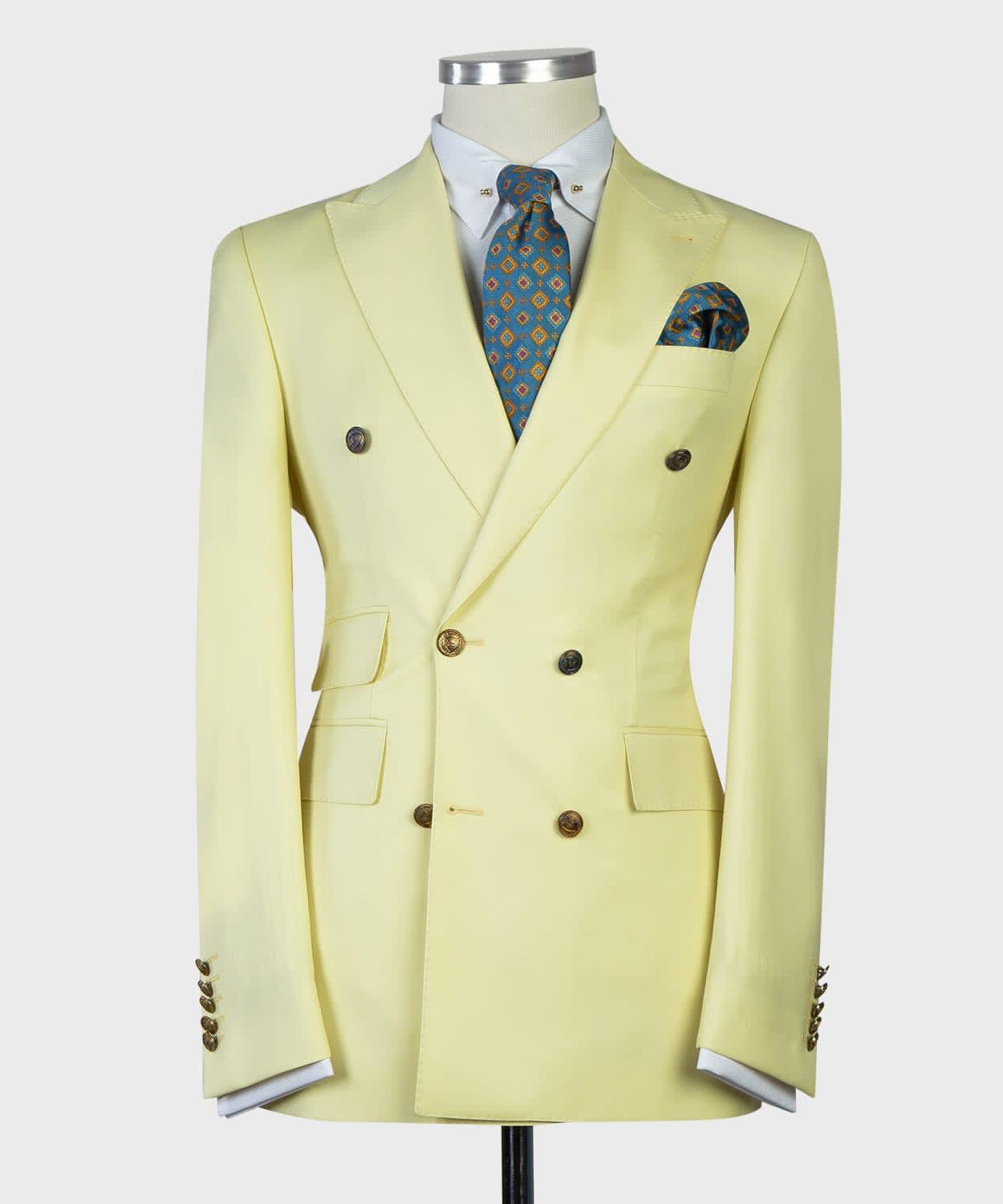 Light Yellow Double Breasted Men Suit with Peaked Lapel 3