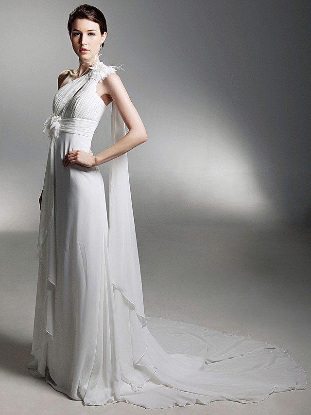 Column One Shoulder Sleeveless Chapel Train Tulle Bridal Gown With Appliques 5