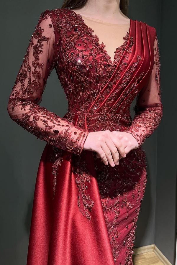 Mermaid Jewel Neck Long Sleeves Floor-length Stretch Satin Evening Dress With Appliques 2