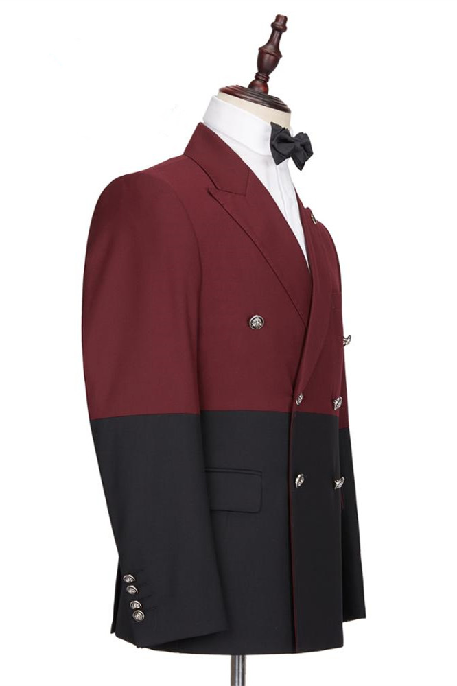 Prom Burgundy and Black Double Breasted Peaked Lapel Men's Suit 2