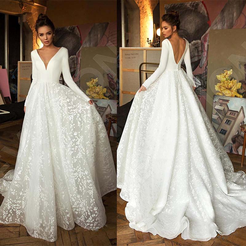 A-line Sweetheart Neck Long Sleeves Court Train Satin Wedding Gown With Lace 5