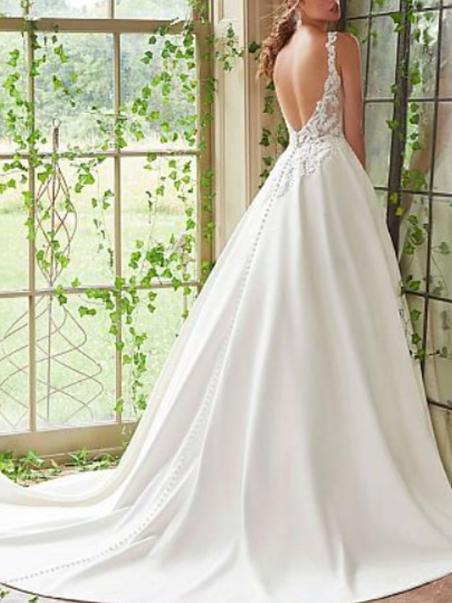 A-line V-neck Court Train Lace Wedding Gown With Buttons 2