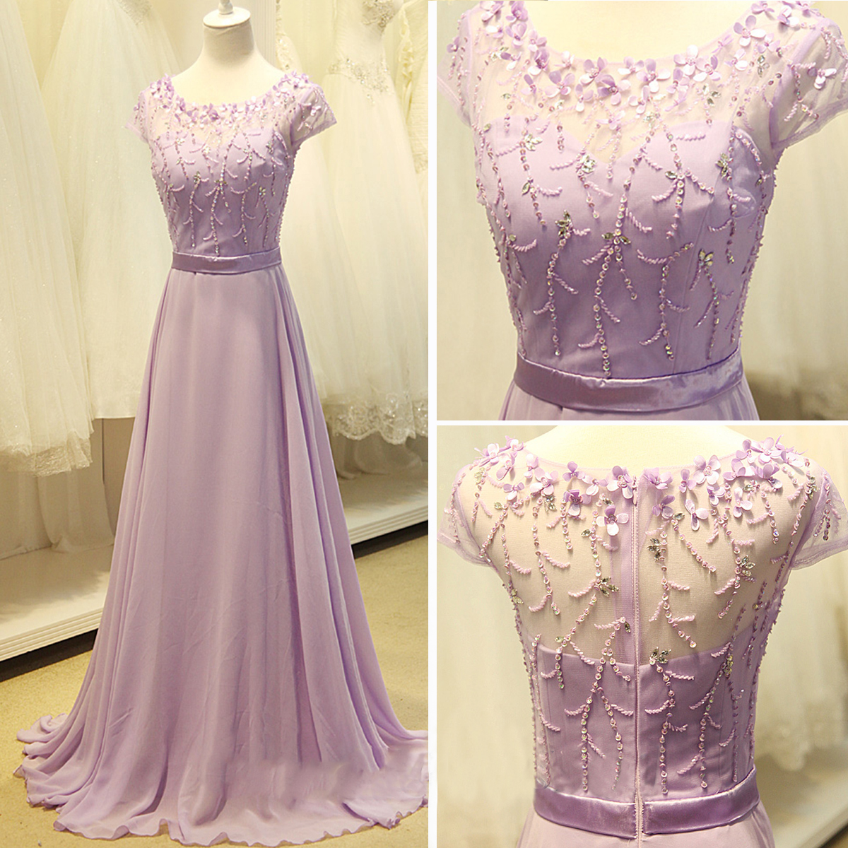 A-line Jewel Neck Sweep / Brush Train 100D Chiffon Evening Dress With Beading 2