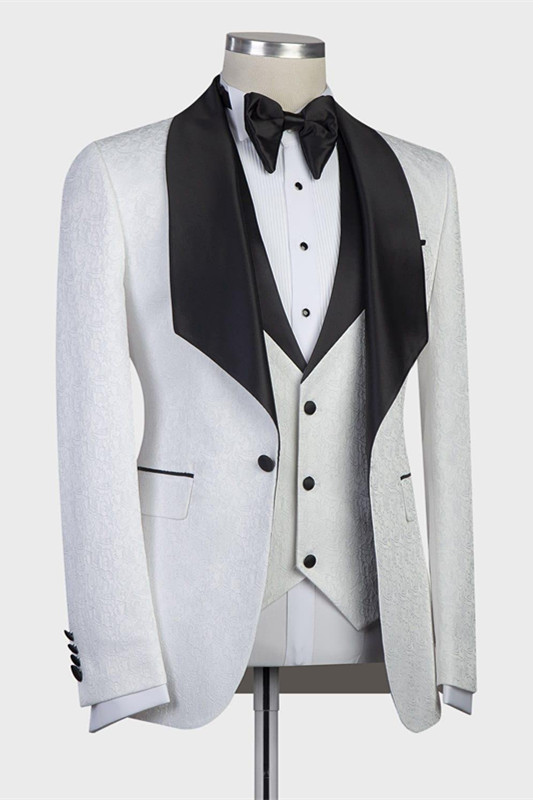 White Three-Pieces Jacaquard Wedding Groom Suit with Black Shawl Lapel 2