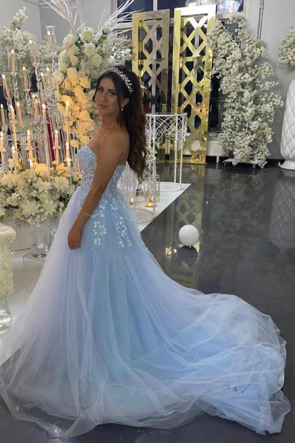 A-line Strapless Sleeveless Floor-length Tulle Evening Dress With Lace 2